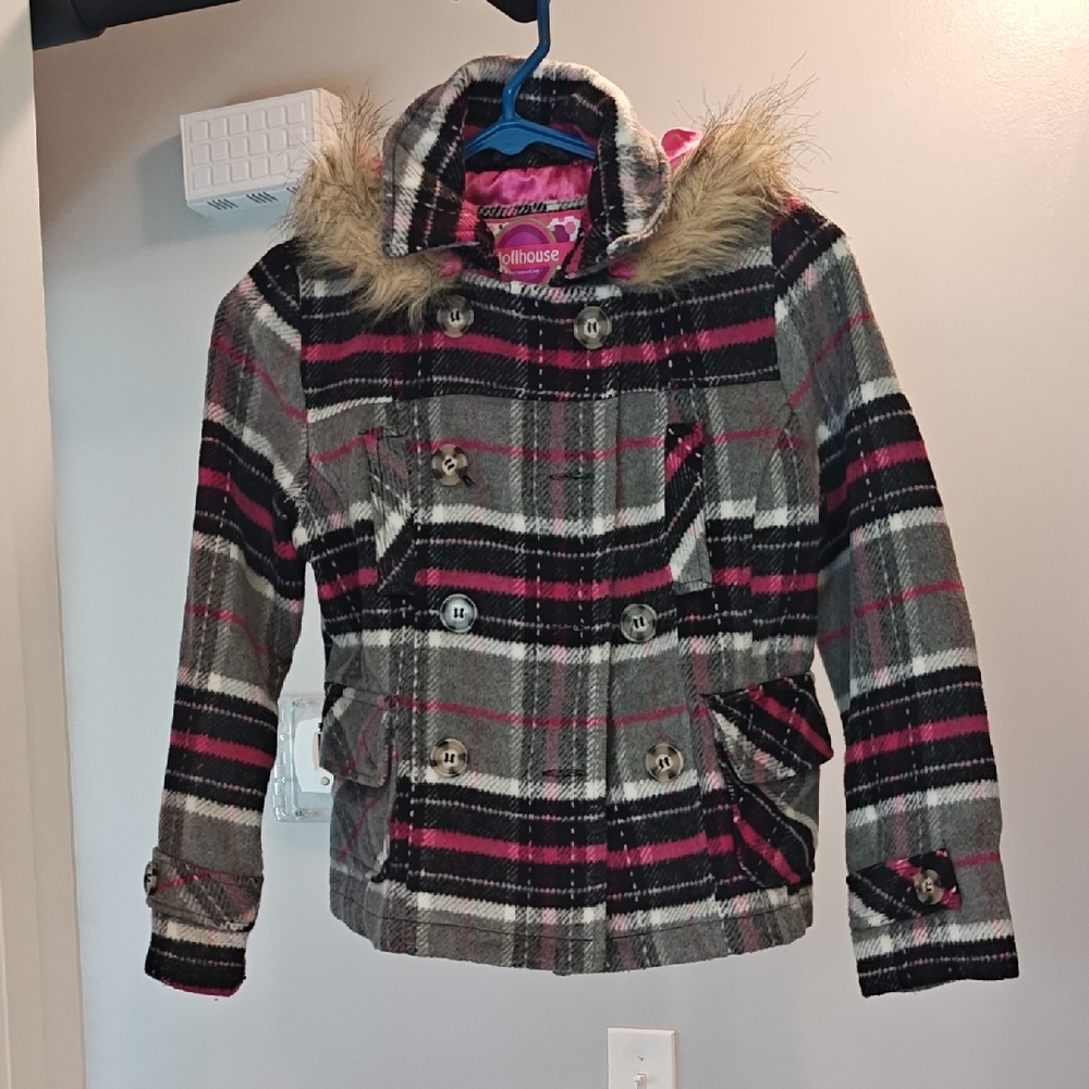 Dollhouse Pink and Black Plaid Pea Coat with Faux Fur Hood